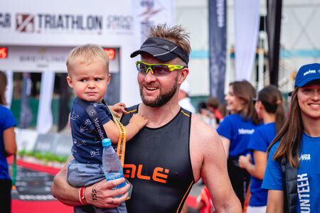 MOSCOW, RUSSIA - AUGUST 25, 2019: Finish line on Ironstar Crocus Fitness Triathlon 2019.のeditorial素材