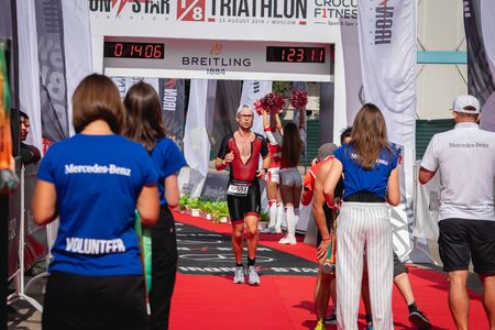 MOSCOW, RUSSIA - AUGUST 25, 2019: Finish line on Ironstar Crocus Fitness Triathlon 2019.のeditorial素材
