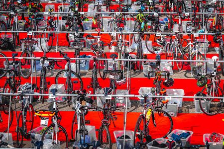 MOSCOW, RUSSIA - AUGUST 25, 2019: Bicycle parking on IRONSTAR CROCUS FITNESS TRIATHLON 2019.のeditorial素材