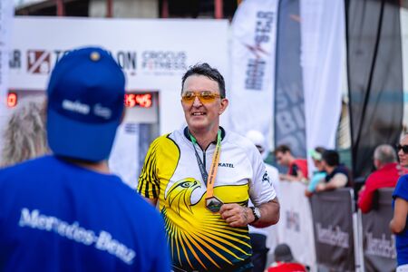 MOSCOW, RUSSIA - AUGUST 25, 2019: Finish line on Ironstar Crocus Fitness Triathlon 2019.のeditorial素材