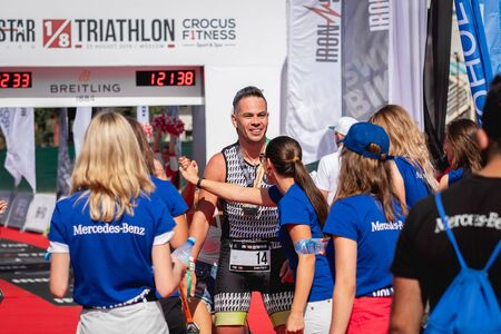 MOSCOW, RUSSIA - AUGUST 25, 2019: Finish line on Ironstar Crocus Fitness Triathlon 2019.のeditorial素材