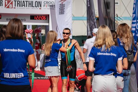MOSCOW, RUSSIA - AUGUST 25, 2019: Finish line on Ironstar Crocus Fitness Triathlon 2019.のeditorial素材