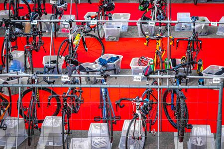 MOSCOW, RUSSIA - AUGUST 25, 2019: Bicycle parking on IRONSTAR CROCUS FITNESS TRIATHLON 2019.のeditorial素材