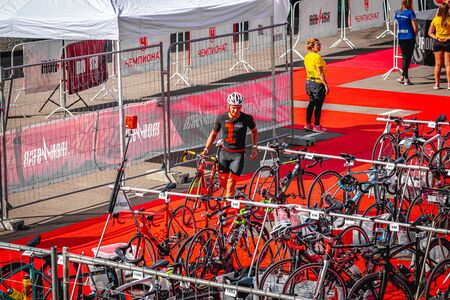 MOSCOW, RUSSIA - AUGUST 25, 2019: Bicycle parking on IRONSTAR CROCUS FITNESS TRIATHLON 2019.のeditorial素材