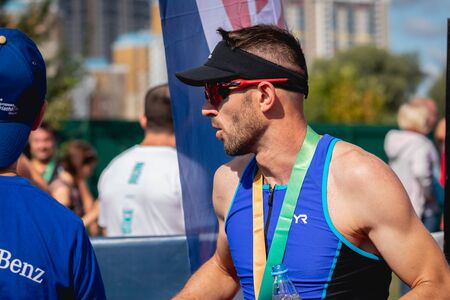 MOSCOW, RUSSIA - AUGUST 25, 2019: Finish line on Ironstar Crocus Fitness Triathlon 2019.のeditorial素材