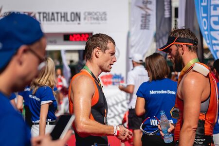 MOSCOW, RUSSIA - AUGUST 25, 2019: Finish line on Ironstar Crocus Fitness Triathlon 2019.のeditorial素材