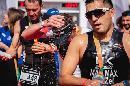 MOSCOW, RUSSIA - AUGUST 25, 2019: Finish line on Ironstar Crocus Fitness Triathlon 2019.のeditorial素材