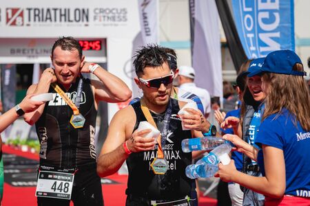 MOSCOW, RUSSIA - AUGUST 25, 2019: Finish line on Ironstar Crocus Fitness Triathlon 2019.のeditorial素材