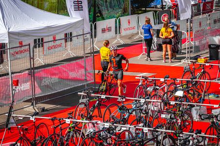 MOSCOW, RUSSIA - AUGUST 25, 2019: Bicycle parking on IRONSTAR CROCUS FITNESS TRIATHLON 2019.のeditorial素材