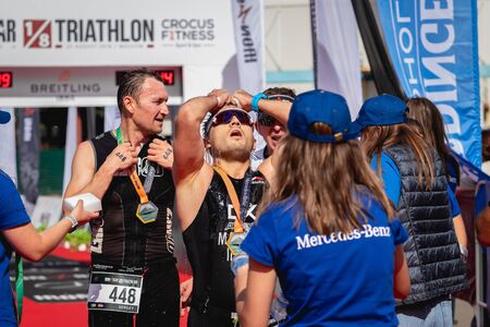 MOSCOW, RUSSIA - AUGUST 25, 2019: Finish line on Ironstar Crocus Fitness Triathlon 2019.のeditorial素材
