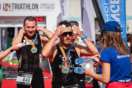 MOSCOW, RUSSIA - AUGUST 25, 2019: Finish line on Ironstar Crocus Fitness Triathlon 2019.のeditorial素材