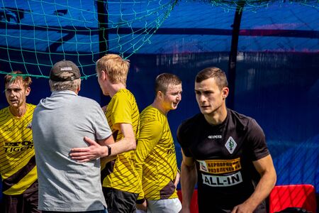 MOSCOW, RUSSIA - AUGUST 24, 2019: Soccer players in game. Amateur league in Russia.のeditorial素材