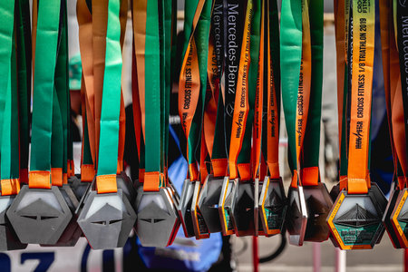 MOSCOW, RUSSIA - AUGUST 25, 2019: Medals for rewarding participants after the triathlon.