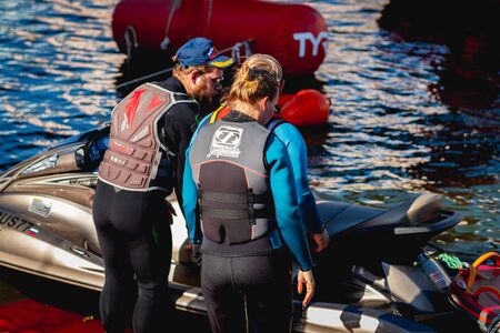 MOSCOW, RUSSIA - AUGUST 25, 2019: Ironman Swimmers on event. Ironstar Crocus Fitness Triathlon.のeditorial素材