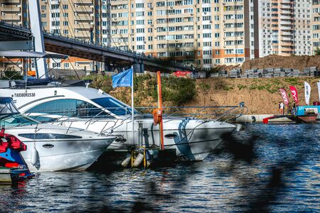 MOSCOW, RUSSIA - AUGUST 25, 2019: Yacht parking in harbor, harbor yacht club in Moscow.のeditorial素材