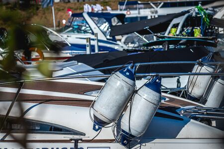 MOSCOW, RUSSIA - AUGUST 25, 2019: Yacht parking in harbor, harbor yacht club in Moscow.のeditorial素材