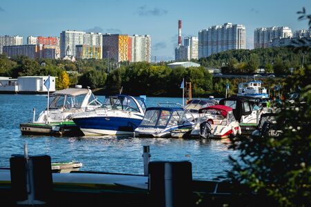MOSCOW, RUSSIA - AUGUST 25, 2019: Yacht parking in harbor, harbor yacht club in Moscow.のeditorial素材