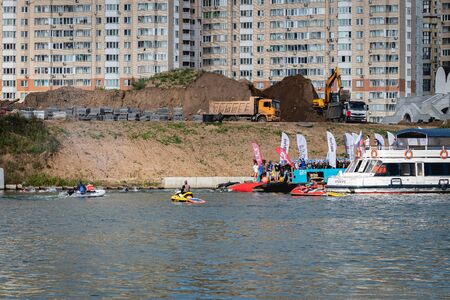 MOSCOW, RUSSIA - AUGUST 25, 2019: Ironman Swimmers on the motor ship, preparing to swim.のeditorial素材