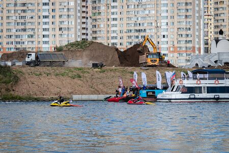 MOSCOW, RUSSIA - AUGUST 25, 2019: Ironman Swimmers on the motor ship, preparing to swim.のeditorial素材