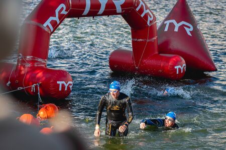 MOSCOW, RUSSIA - AUGUST 25, 2019: Ironman Swimmers on event. Ironstar Crocus Fitness Triathlon.のeditorial素材