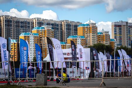 MOSCOW, RUSSIA - AUGUST 25, 2019: Sponsorship flags on IRONSTAR CROCUS FITNESS TRIATHLON 2019.のeditorial素材
