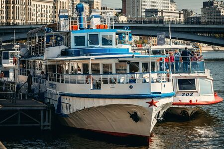MOSCOW, RUSSIA - AUGUST 30, 2019: Motor ship on Moscow river.のeditorial素材