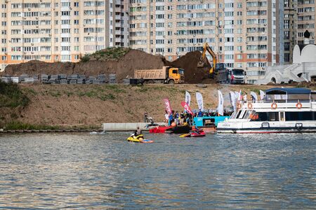 MOSCOW, RUSSIA - AUGUST 25, 2019: Ironman Swimmers on the motor ship, preparing to swim. Ironstar Crocus Fitness Triathlon 2019.のeditorial素材