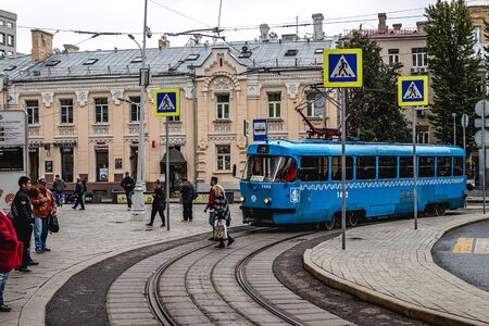 MOSCOW, RUSSIA - SEPTEMBER 30, 2019: Blue tram public transport in Russia.のeditorial素材