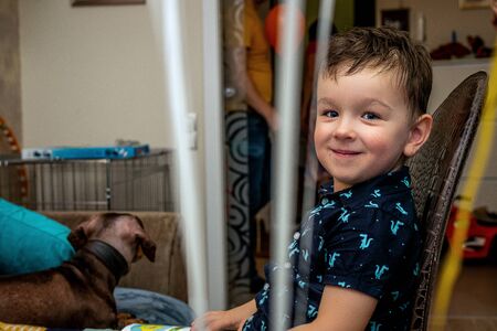 MOSCOW, RUSSIA - OCTOBER 12, 2019: Portrait of 3 years cute boy during birthday party.のeditorial素材