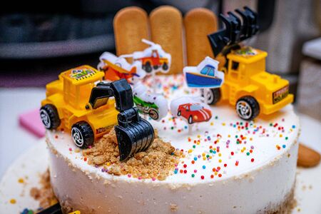 Colorful cake for kids birthday party celebration. Children birthday cake.の写真素材