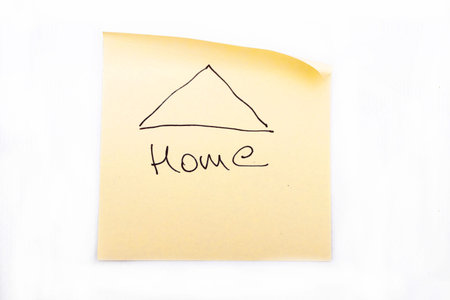 Home letters on a yellow sticker isolated, message, sign.