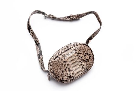 MOSCOW, RUSSIA - DECEMBER 1, 2019: Fashion luxury snakeskin python handbag isolated on a white background.のeditorial素材