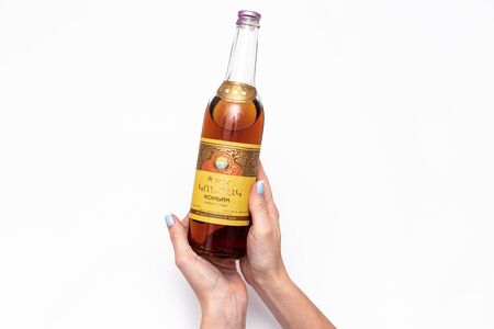 MOSCOW, RUSSIA - DECEMBER 12, 2019: Famous russian cognac Ararat, vintage bottle, more then 30 years old.のeditorial素材