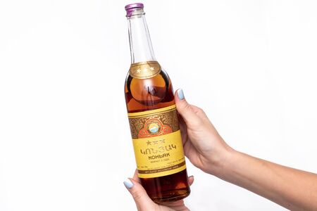 MOSCOW, RUSSIA - DECEMBER 12, 2019: Famous russian cognac Ararat, vintage bottle, more then 30 years old.のeditorial素材