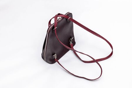 Fashion women leather backpack isolated on a white background. Modern backpack.の写真素材