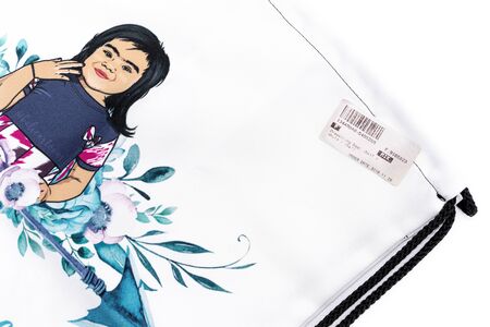 MOSCOW, RUSSIA - JANUARY 21, 2020: White Drawstring bag isolated on a white background.のeditorial素材
