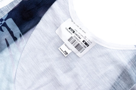 MOSCOW, RUSSIA - JANUARY 21, 2020: T-shirt tag close up.