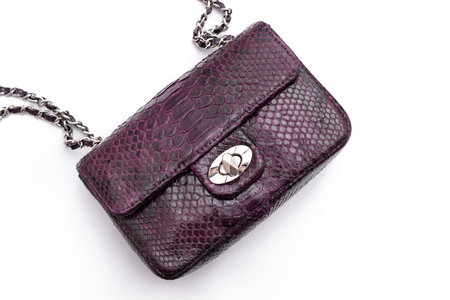 Luxury snakeskin python leather handbag isolated on a white background.