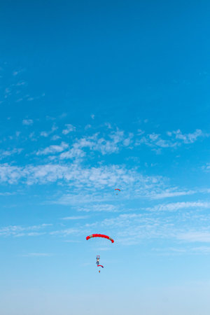 Parachutist is flying in the sky, sunny contrast image.