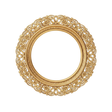 This image features an ornate, circular frame made of gold. The frame is adorned with intricate patterns and designs, showcasing a high level of craftsmanship. The detailed filigree work includes swirling motifs and floral elements, giving it an elegant and sophisticated appearance. The frame is set against a plain white background, which accentuates its beauty and complexity.の素材