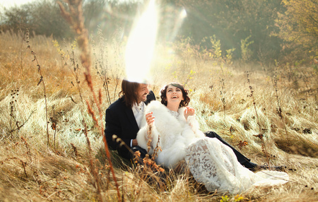 Bride and groom hugging in the meadow in the sunの写真素材