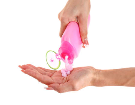 shampoo in the hands isolated on white backgroundの写真素材