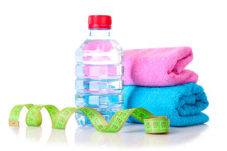 Tape measure, towels  and water bottleの写真素材