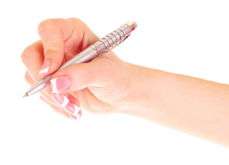Women's hand and pen isolated on whiteの写真素材