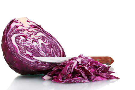 sliced âred cabbage and knife isolated on whiteの写真素材