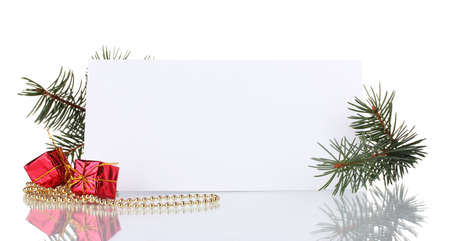 blank postcard, gifts, beads and fir-tree isolated on whiteの写真素材
