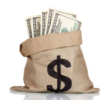 A lot of one hundred dollar bills in a bag isolated on white A lot of one hundred dollar bills in a bag isolated on white