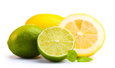 Fresh lime and lemon with mint isolated on whiteの写真素材