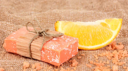 Hand-made natural soap on sackclothの写真素材