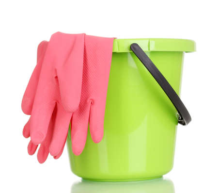Bucket and gloves for cleaning isolated on whiteの写真素材